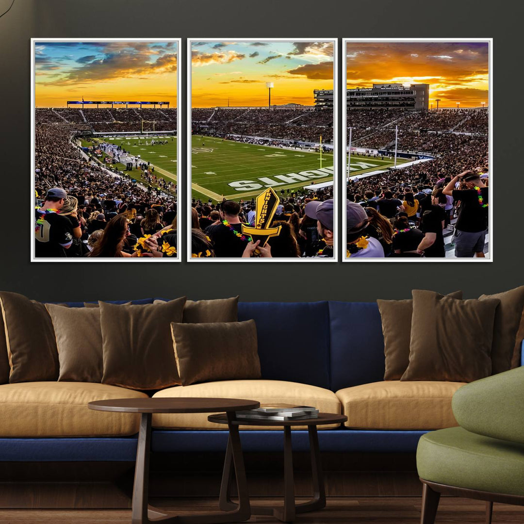 A sunset football game at UCFs Stadium—ideal as a premium wall art canvas print for your home.