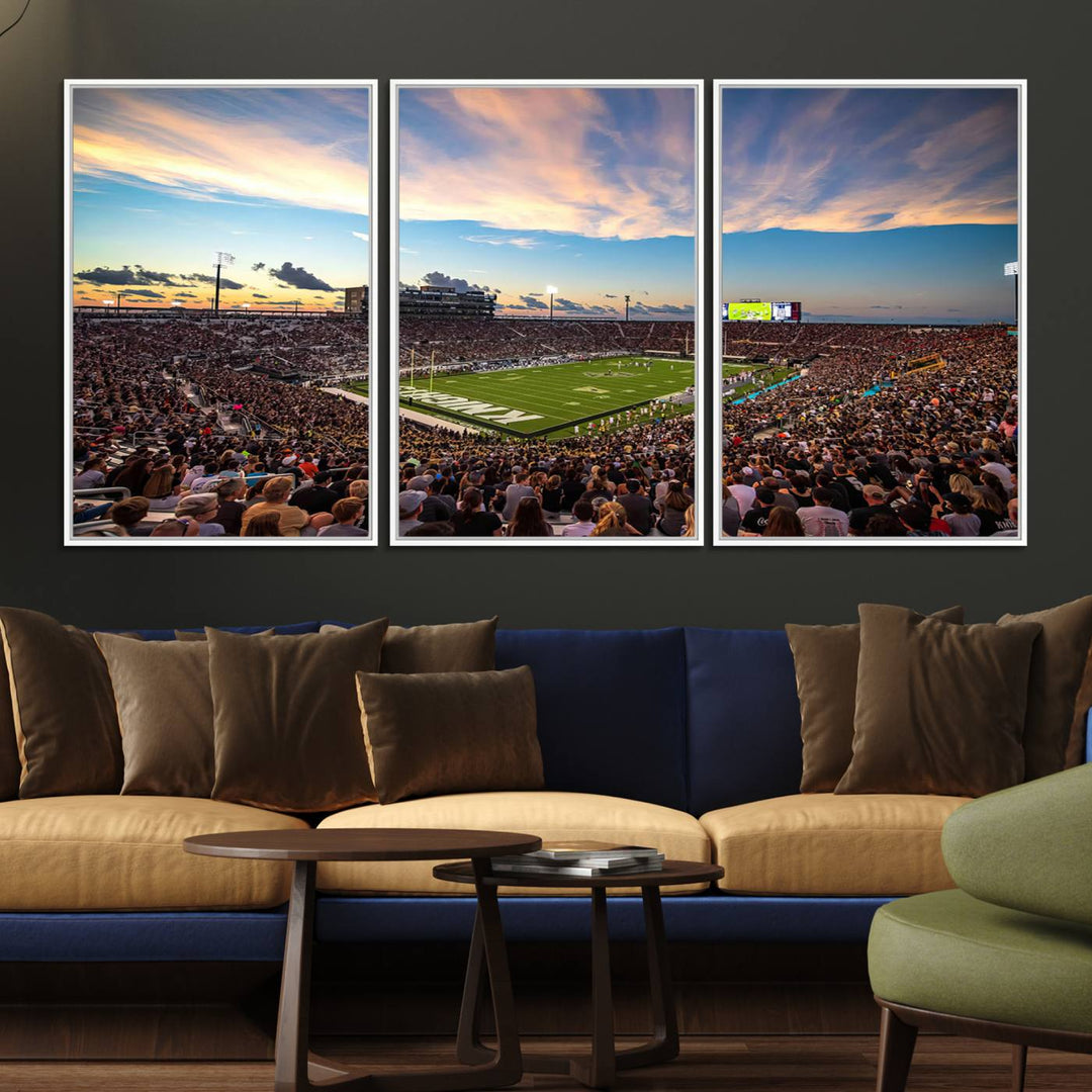 A vibrant wall art canvas captures a sunset scene at Orlandos FBC Mortgage Stadium, featuring the UCF Knights.