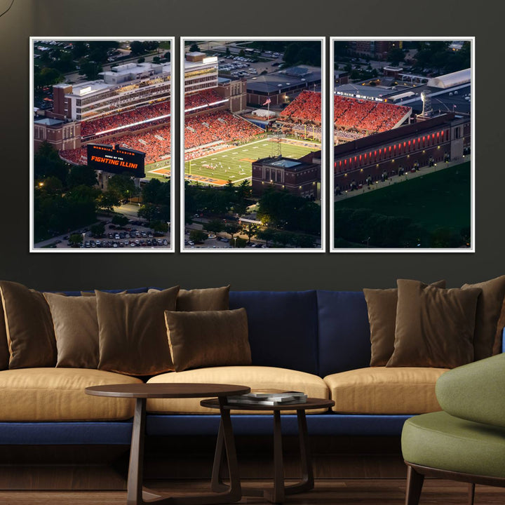 Aerial view of the University of Illinois Memorial Stadium on premium canvas, capturing buildings and greenery at dusk.