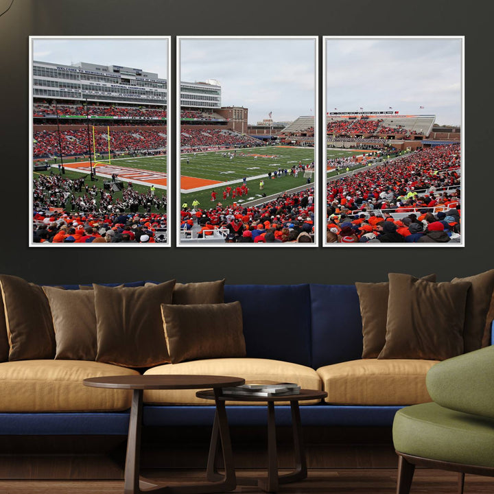 A University of Illinois Fighting Illini wall art canvas hangs on the wall, depicting a packed stadium.