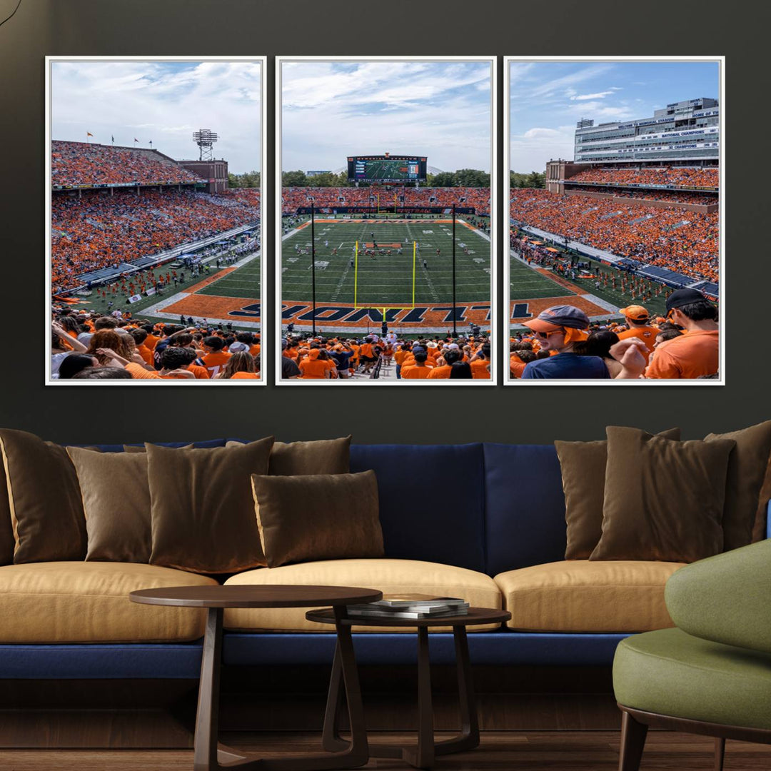 The Illinois stadium packed with orange-clad fans makes for a premium University of Illinois canvas wall art.