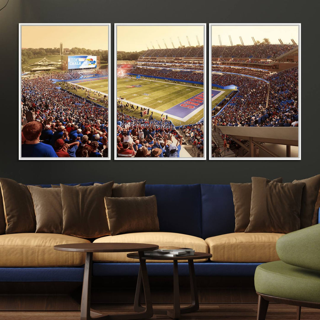 A premium University of Kansas Jayhawks Football Team canvas print captures the essence of a sunset football game, filling the stadium with vibrant energy.