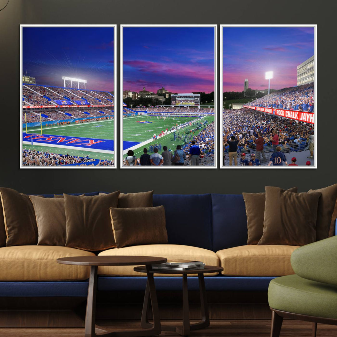 A canvas art piece depicting the Kansas Jayhawks stadium at twilight, vibrant in a modern setting.