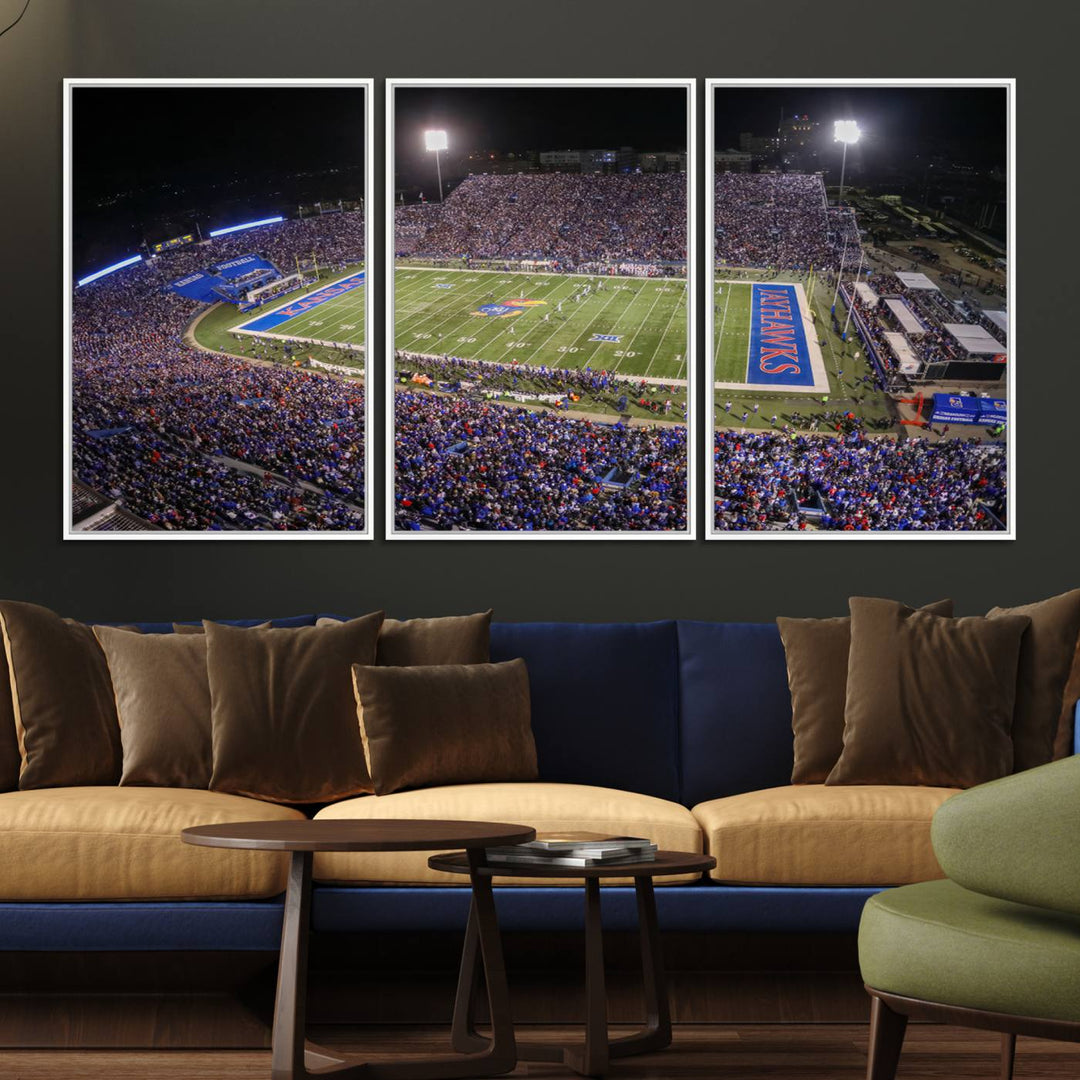 A canvas depicting an aerial view of the University of Kansas Memorial Stadium, showcasing bright lights and a lush green field at night.