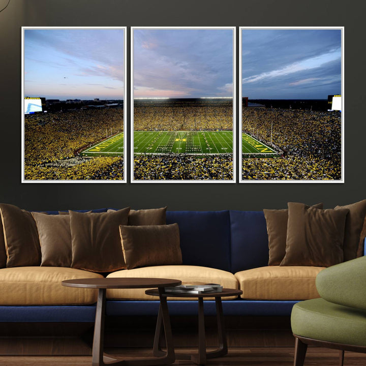 Gallery-quality canvas print of Michigan Stadium at sunset.