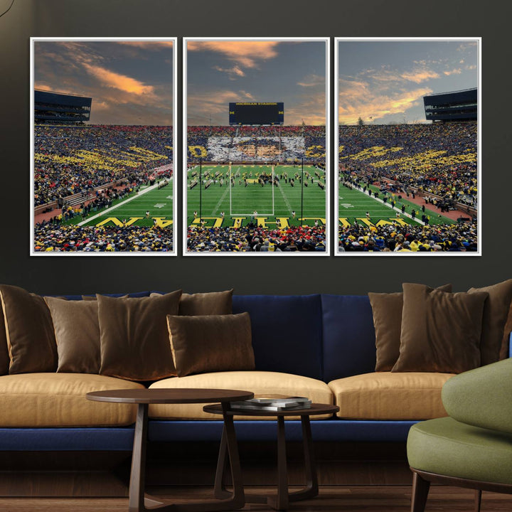 A giant image resembling Michigan Wolverines Wall Art depicts a football field beneath a dramatic sky.