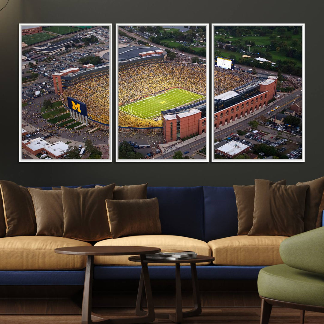 Canvas print featuring an aerial view of Ann Arbor Michigan Stadium filled with Wolverines fans.