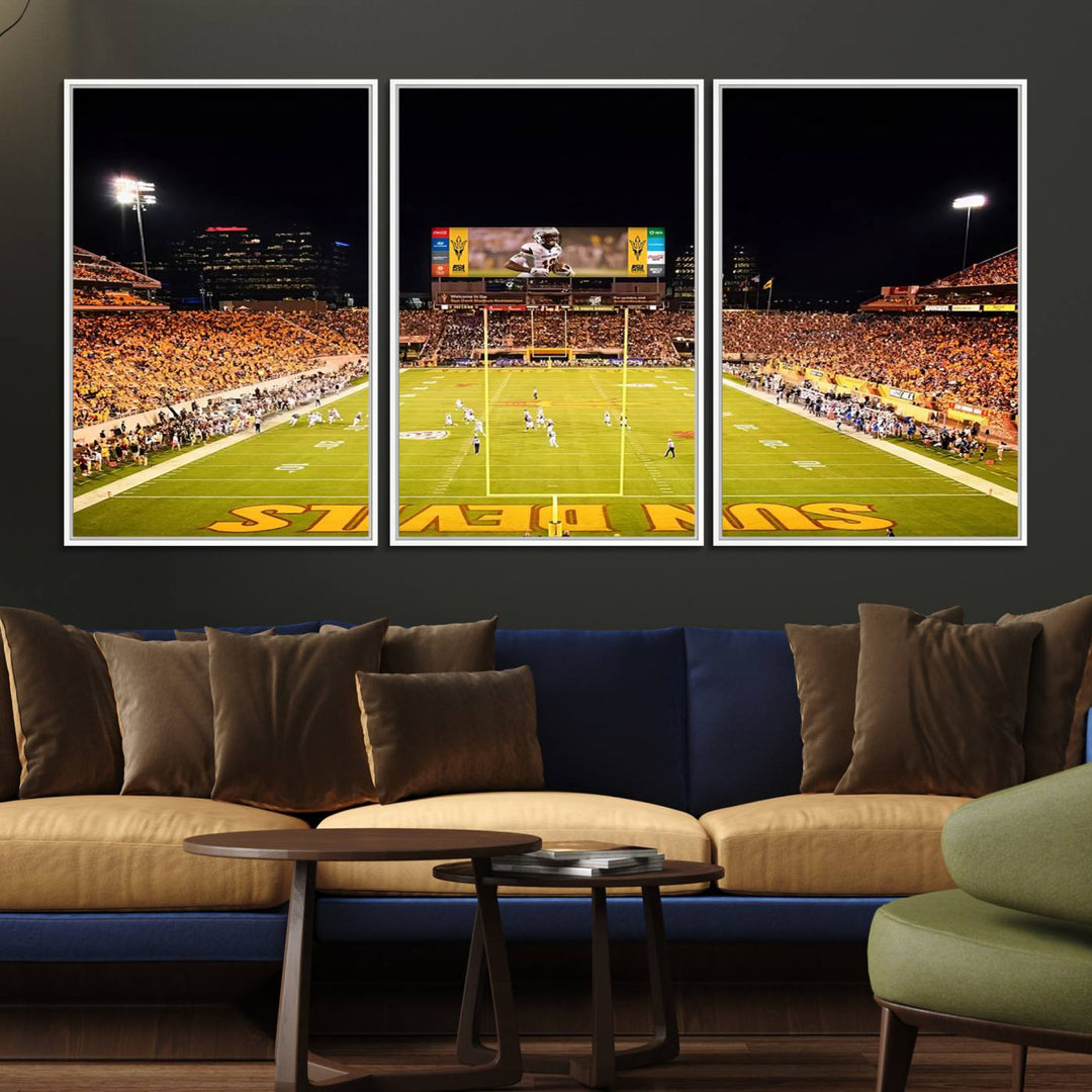 ASU Sun Devils Football Team Print - Wall Art Canvas featuring the Sun Devils end zone at Phoenix Mountain America Stadium.