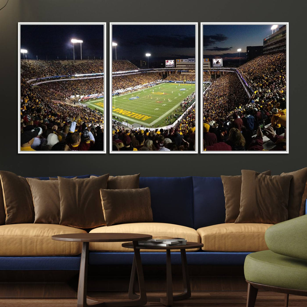 A room featuring an ASU Sun Devils Football Team Print, capturing fans at Phoenix Mountain America Stadium at dusk.