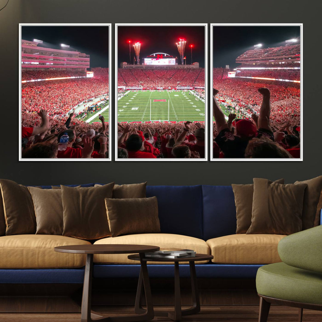 A vibrant canvas print of the Lincoln Memorial Stadium at night with fireworks, featuring the University of Nebraska Cornhuskers Football.