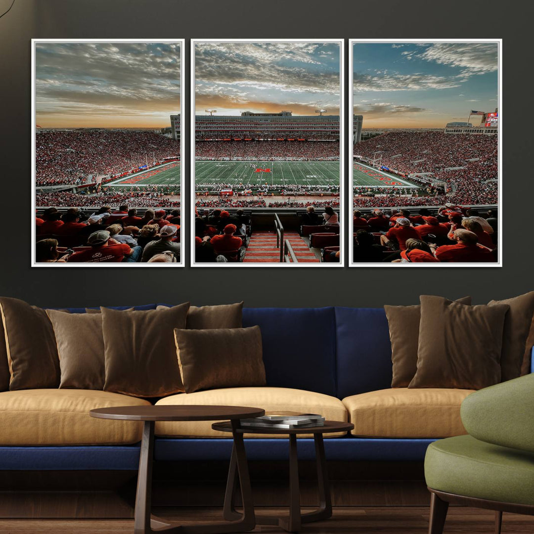 This stunning canvas wall art print features a packed Lincoln Memorial Stadium with the University of Nebraska Cornhuskers at sunset.