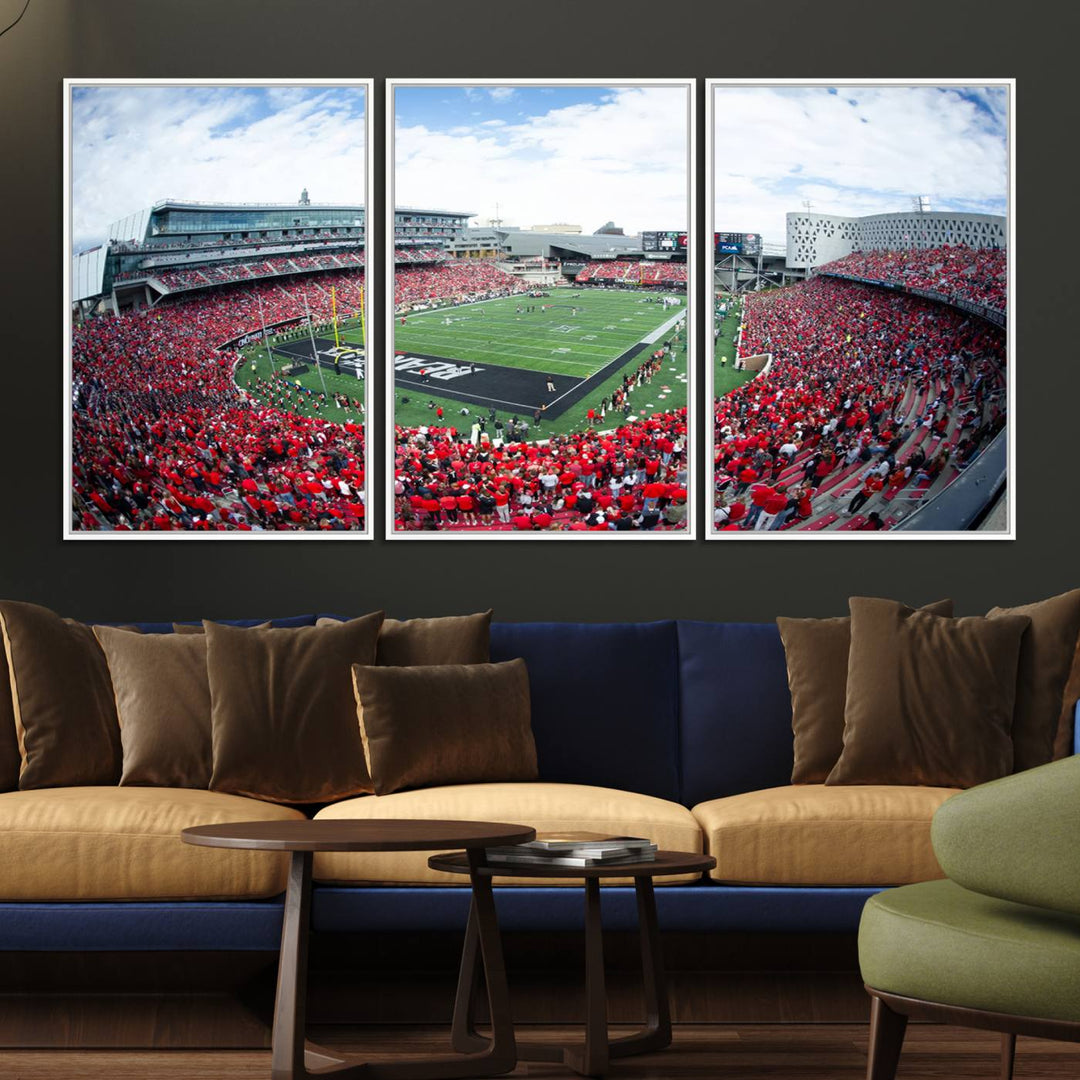 The wall showcases a Nippert Stadium canvas print of the Cincinnati Bearcats.