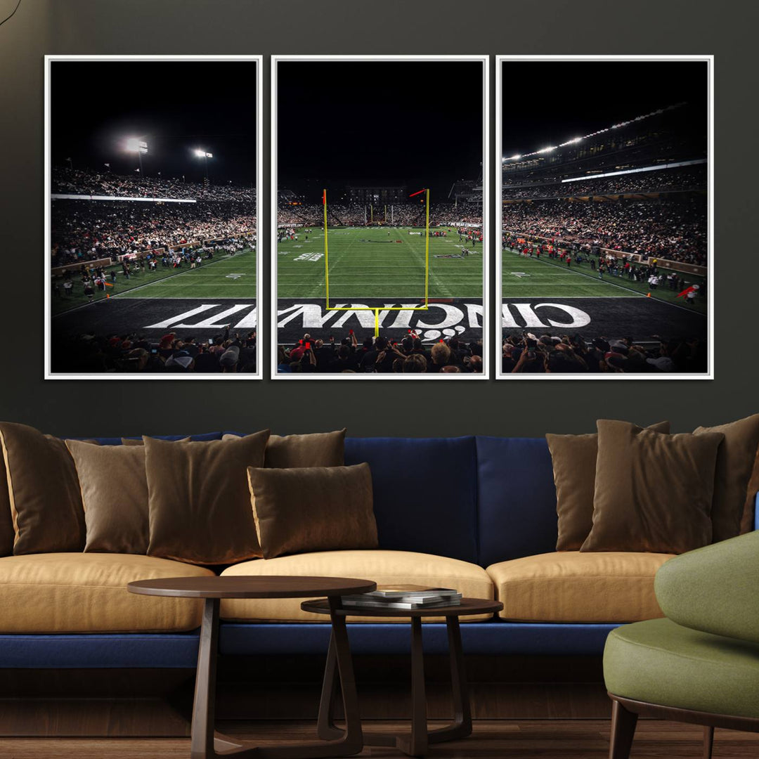 Interior view featuring a Cincinnati Bearcats football canvas of Nippert Stadium.