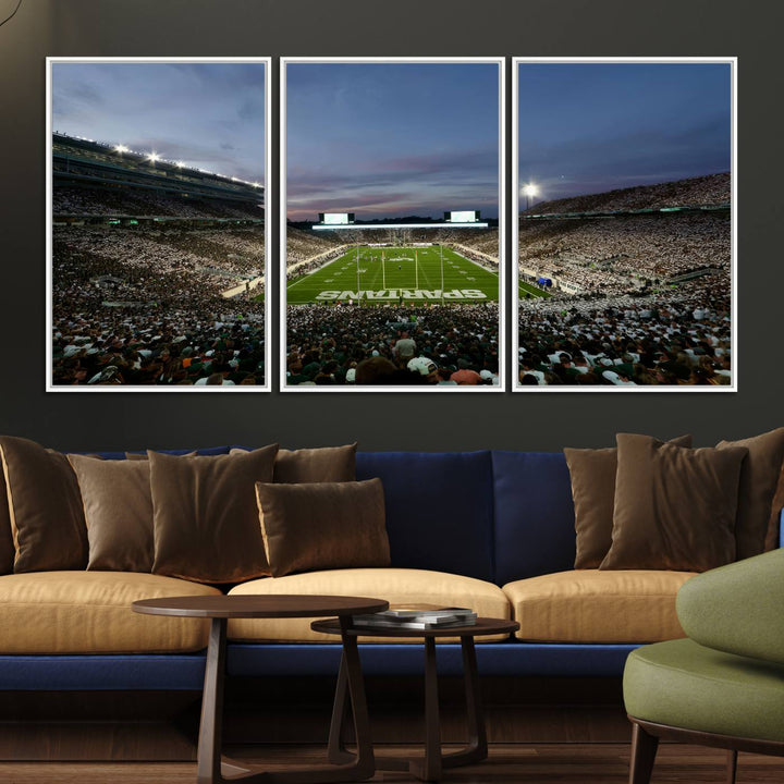 Wall art featuring a stadium at dusk with full stands—ideal for the Michigan State Spartans Football Team Canvas Print.