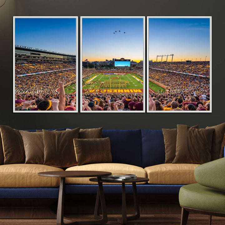 Canvas wall art featuring the University of Minnesota Football Team print, showcasing Huntington Bank Stadium at sunset with jets overhead.