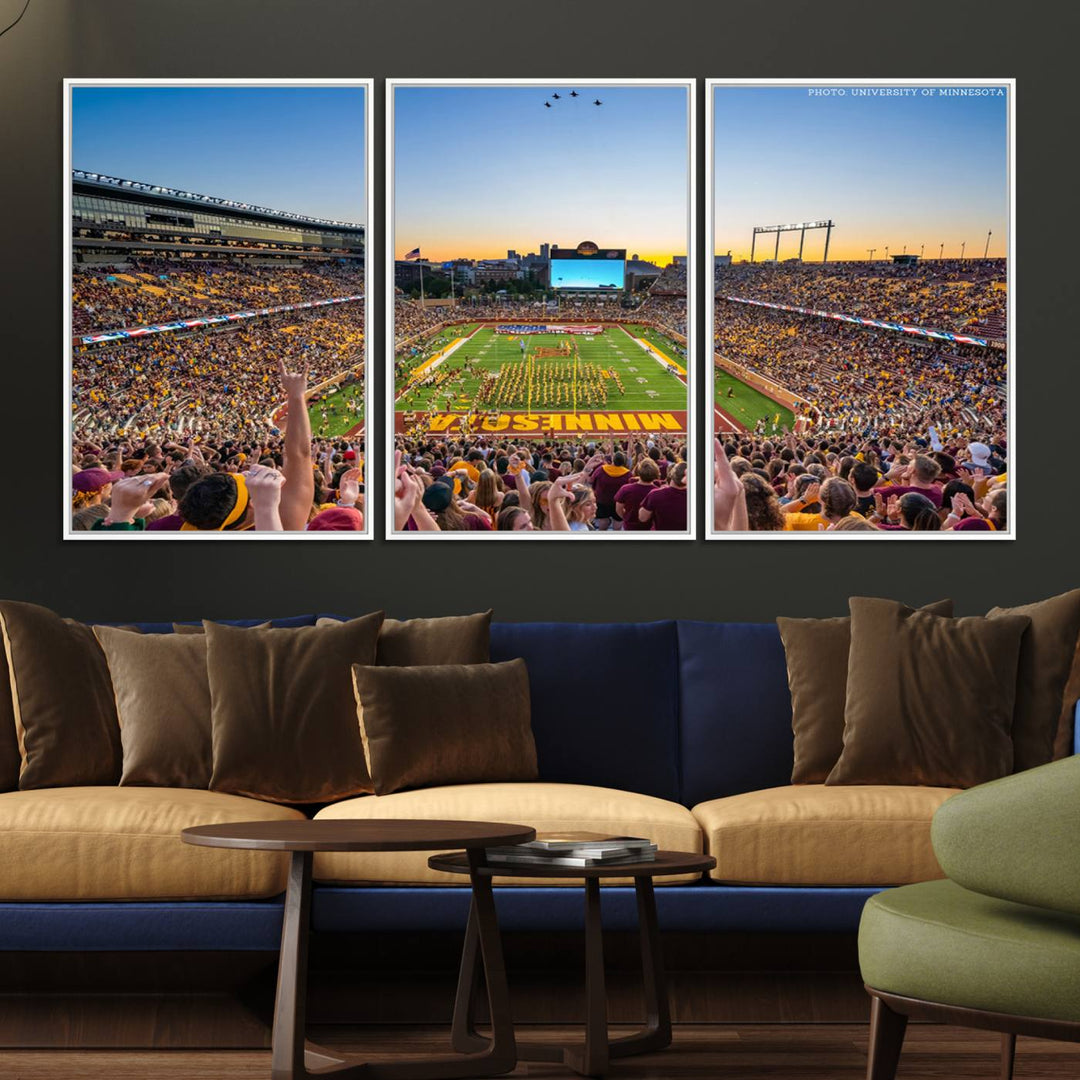 The University of Minnesota Golden Gophers Football Team Print, capturing a sunset scene, is ideal for gallery-quality wall art.