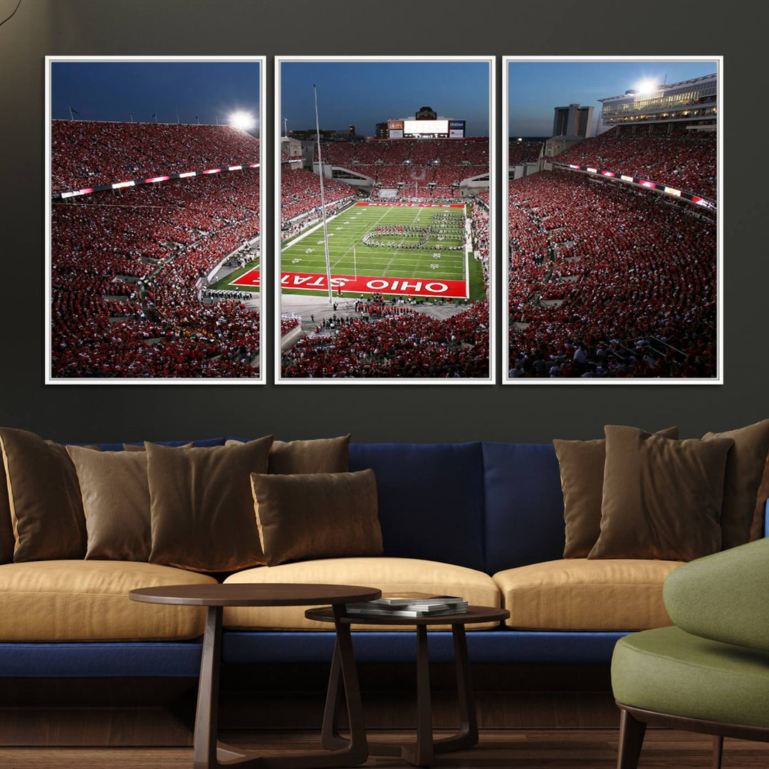 Premium gallery-quality canvas wall art featuring an aerial view of a packed Ohio State stadium at dusk, highlighting the Buckeyes.