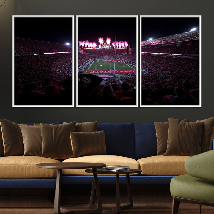 Premium canvas wall art featuring Ohio State University Buckeyes football stadium and fireworks.