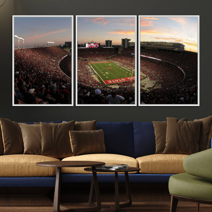 The canvas wall art captures a stunning stadium view of a sunset over Ohio State University Buckeyes football fans.