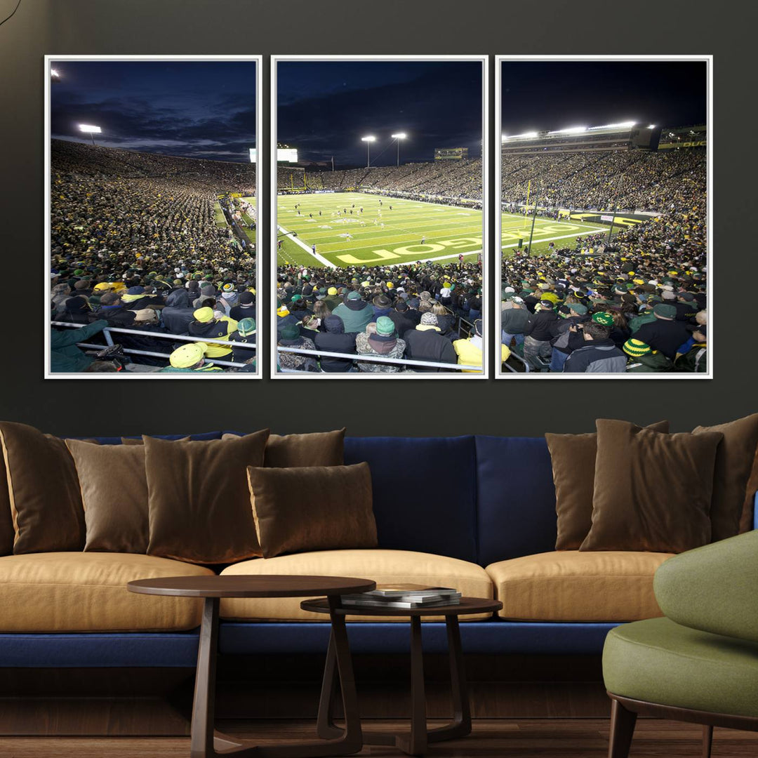 Under bright lights, a University of Oregon Ducks Canvas Print captures the excitement of fans packing Autzen Stadium for a night football game.