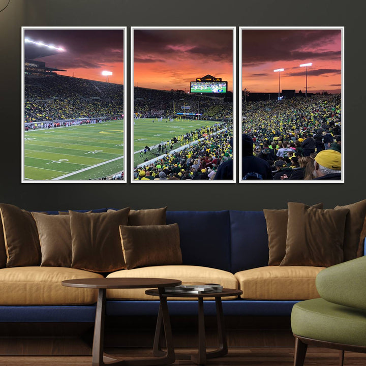 This stunning wall art print captures a vibrant sunset at Eugene Autzen Stadium.