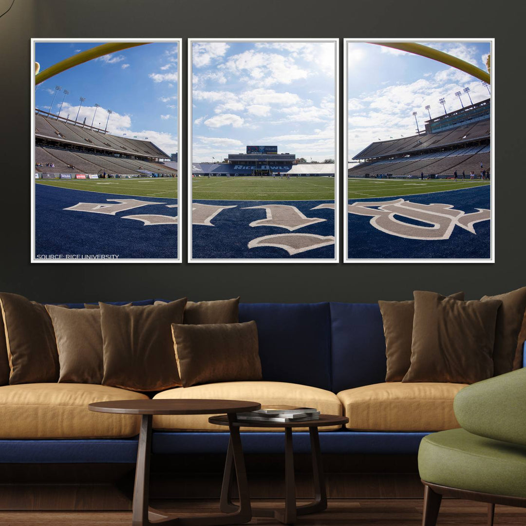 Fish-eye view of an empty stadium, ideal wall art on premium canvas: Rice University Owls Football Team Print.