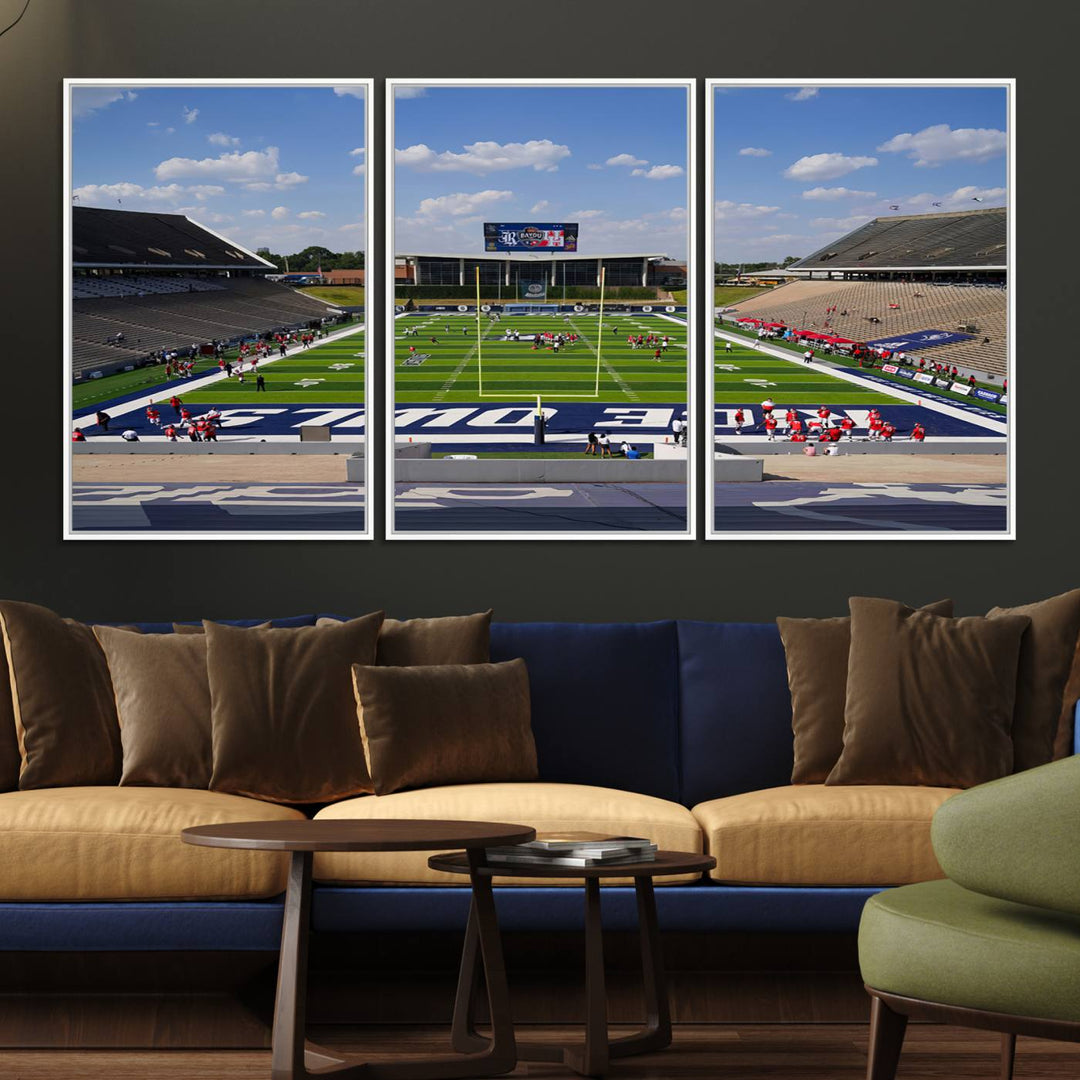 Rice Stadium print: This artwork features a football field with empty stands and a gallery-quality finish under a clear blue sky.