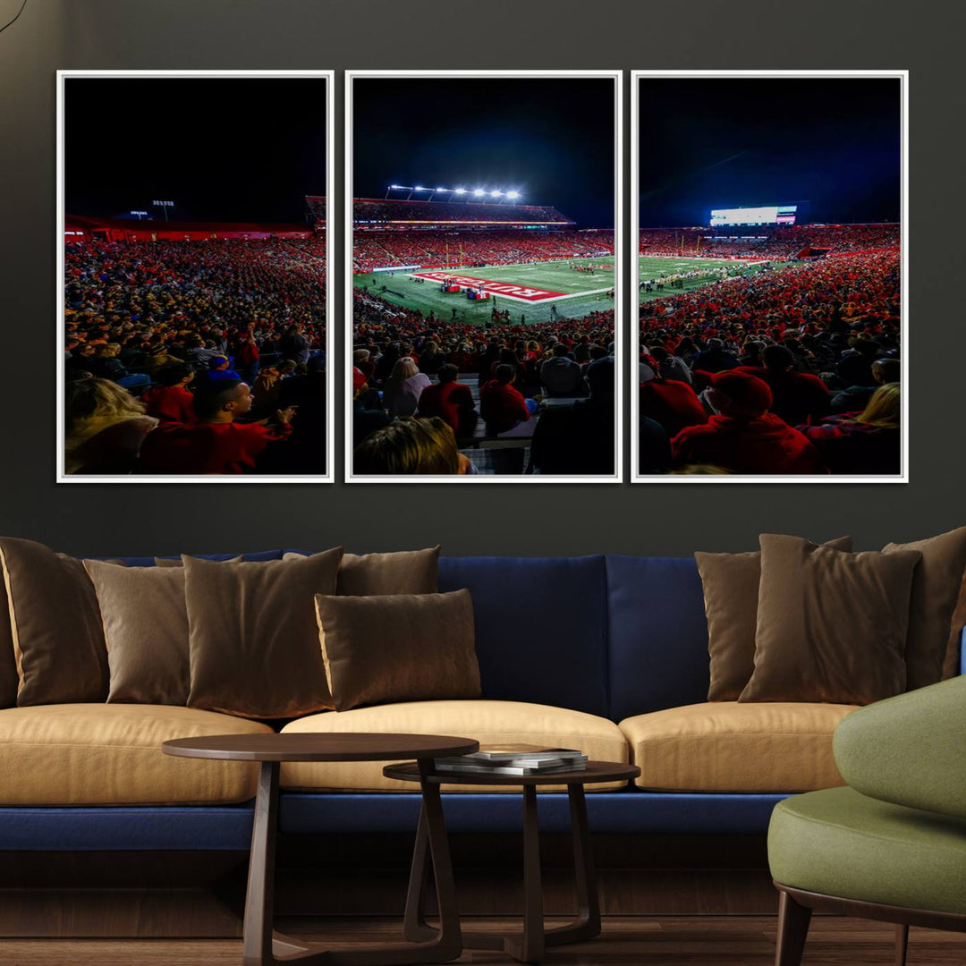 A premium canvas wall art print depicting Rutgers Scarlet Knights SHI Stadium filled with fans under vibrant lights.