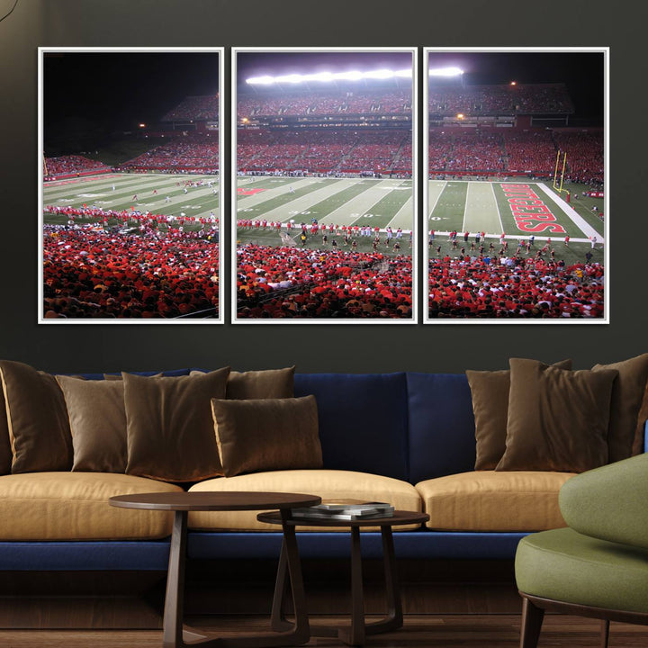 A bustling night game at SHI Stadium is captured as Rutgers Scarlet Knights wall art on a gallery-quality canvas print.