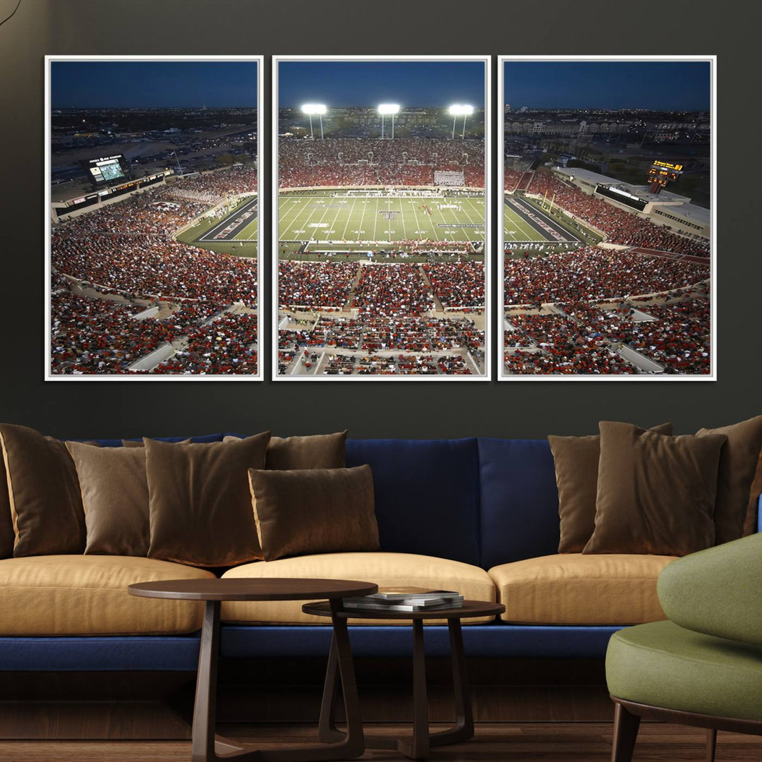 Canvas wall art featuring an aerial view of the Texas Tech Red Raiders packed night game at Lubbock’s Jones AT&T Stadium.