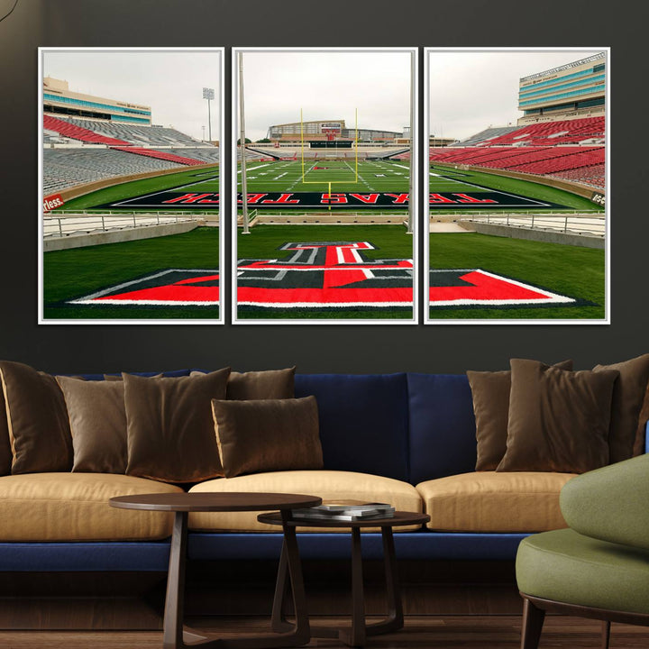 Gallery-quality print of Lubbock Jones AT&T Stadium featuring the Texas Tech Red Raiders field, highlighted by red and gray bleachers.