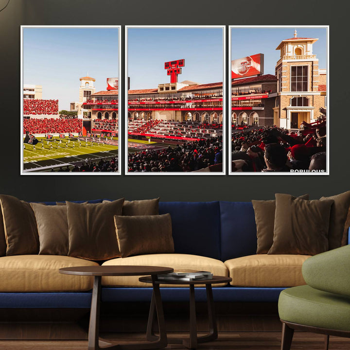 The three-panel Jones AT&T Stadium wall art is ideal for enhancing the living room decor of college football fans.