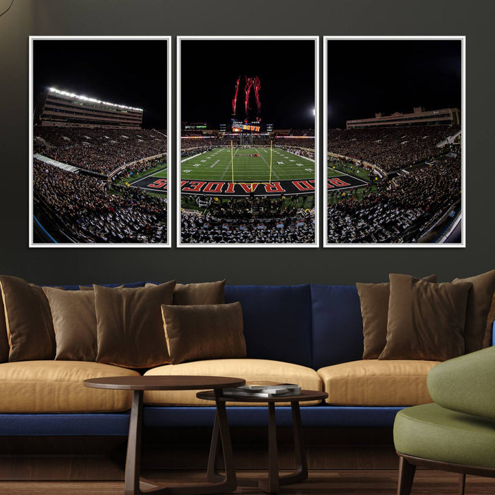 The wall features a Texas Tech Red Raiders Football Team Print on canvas, showcasing fireworks over a packed stadium at night.