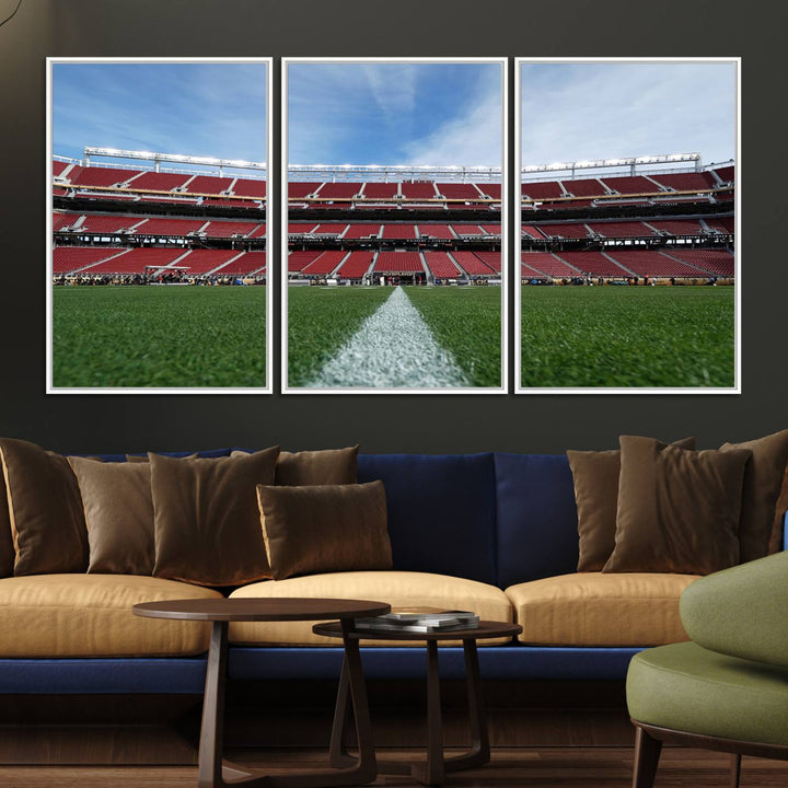 A canvas print of the University of Tulsa Golden Hurricane showcases H.A. Chapman Stadiums football field and red seats against a backdrop of a blue sky.