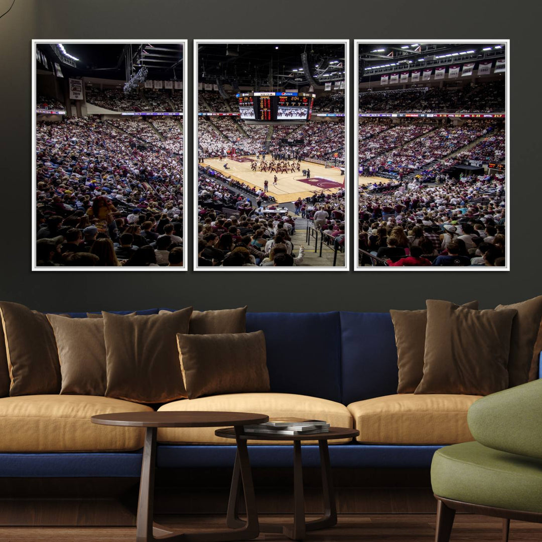 The Nebraska Basketball Arena Wall Art Canvas features an arena filled with Cornhuskers fans and players beneath a scoreboard.