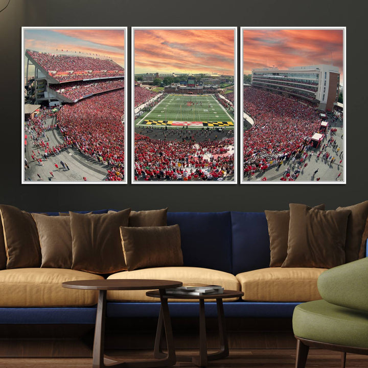 A packed SECU Stadium at sunset, ideal for your University of Maryland Terrapins Football Team wall art canvas print.