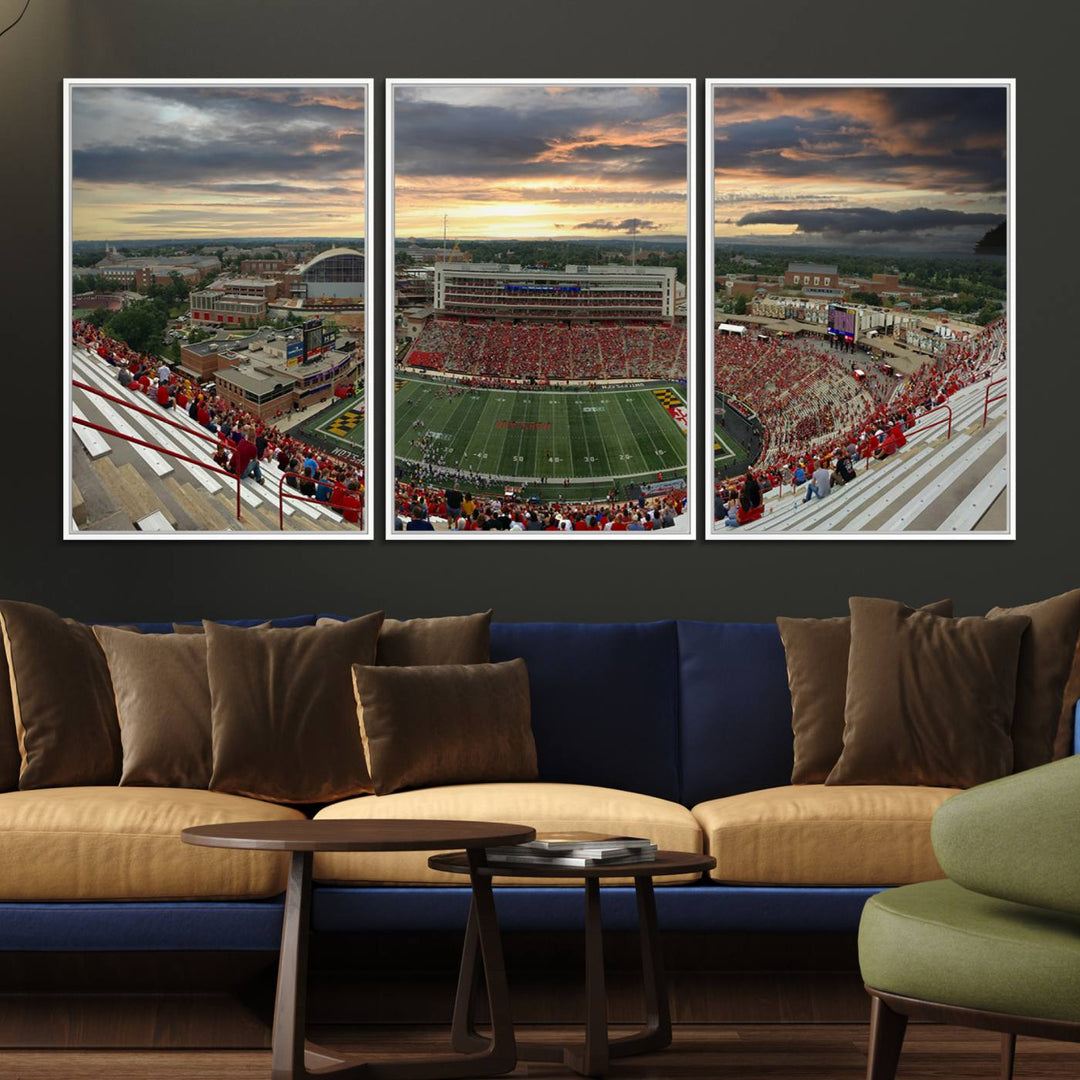 The University of Maryland Terrapins Football Team Print features SECU Stadium at sunset with vibrant skies.