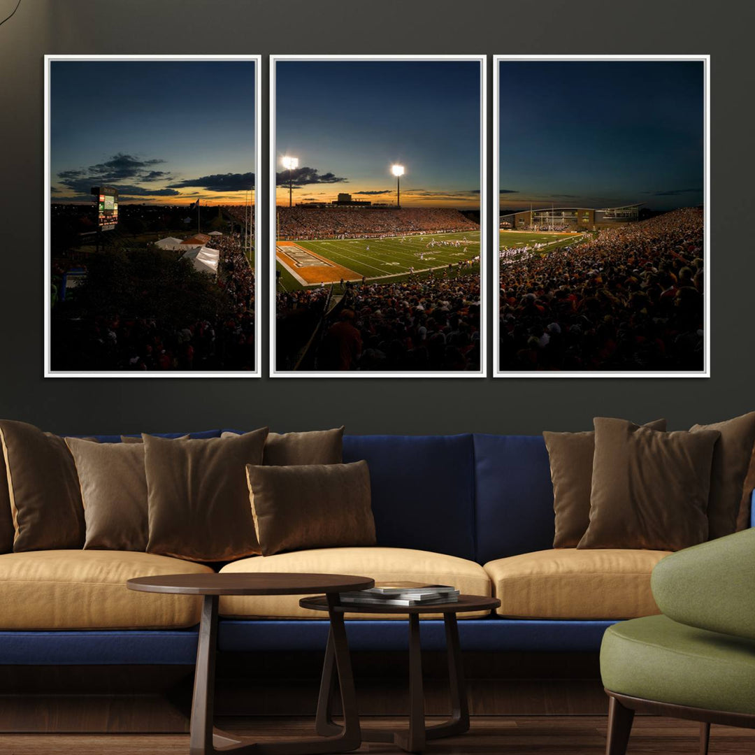 Ball State Cardinals Football Team Print - Muncie Scheumann Stadium Canvas featuring a sunset, floodlights, and lively crowd.