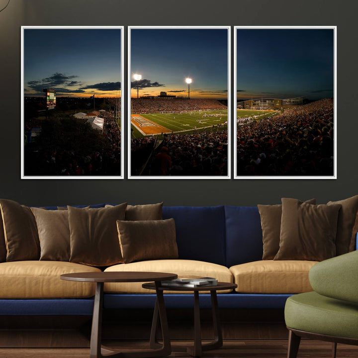 Ball State Cardinals Football Team Print - Muncie Scheumann Stadium Canvas featuring a sunset, floodlights, and lively crowd.