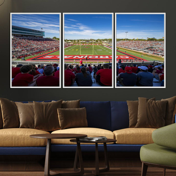 The Ball State Cardinals wall art on canvas depicts fans in red at Scheumann Stadium.