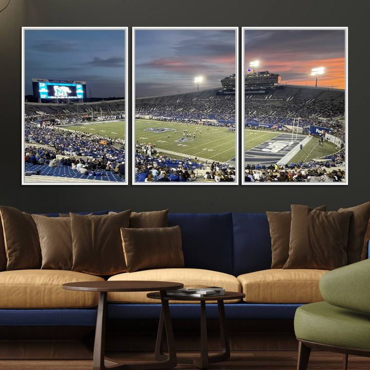 A Memphis Tigers football canvas print of Simmons Bank Liberty Stadium at sunset enhances the living room.