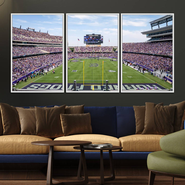 The TCU Horned Frogs print portrays a vibrant Amon G. Carter Stadium, filled with energy and game action.