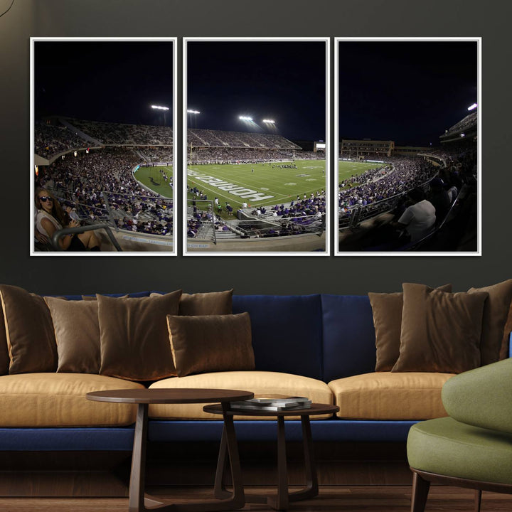 The wall art print features a night view of Amon G. Carter Stadium filled with TCU fans, showcased in the Horned Frogs Football Canvas Wall Art.