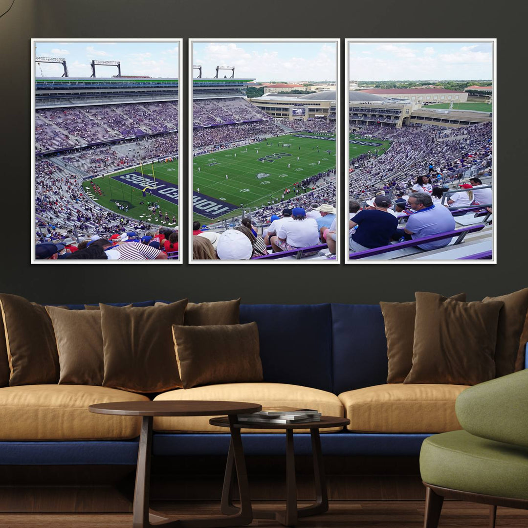 Amon G. Carter Stadium wall art canvas showcasing the TCU Horned Frogs and packed stands at Fort Worth.