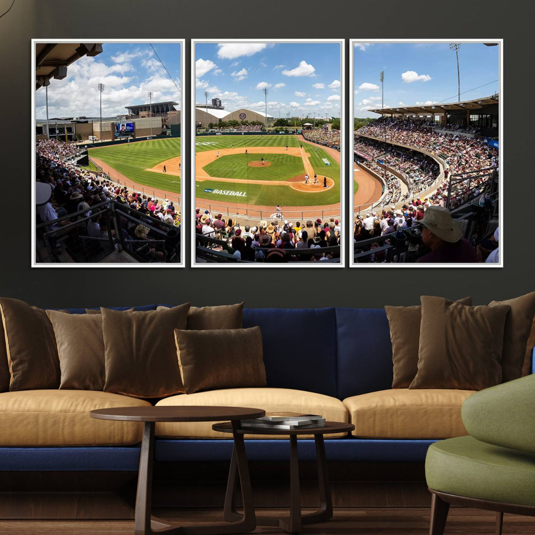 A baseball stadium under a blue sky, capturing the energy of The Texas A&M Aggies Athletics Kyle Field Wall Art.