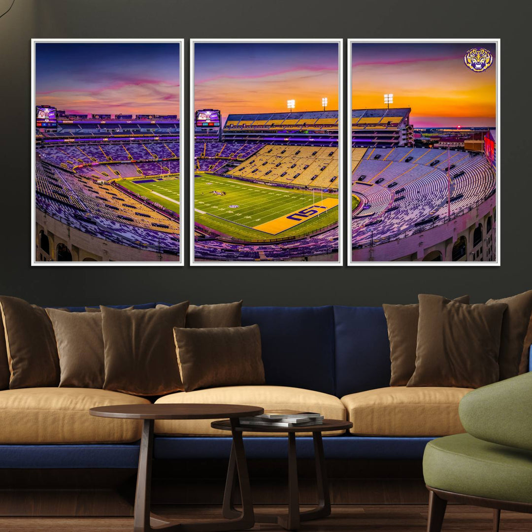 A canvas print of Tiger Stadium at sunset, depicting an empty field and stands, adorns the wall.