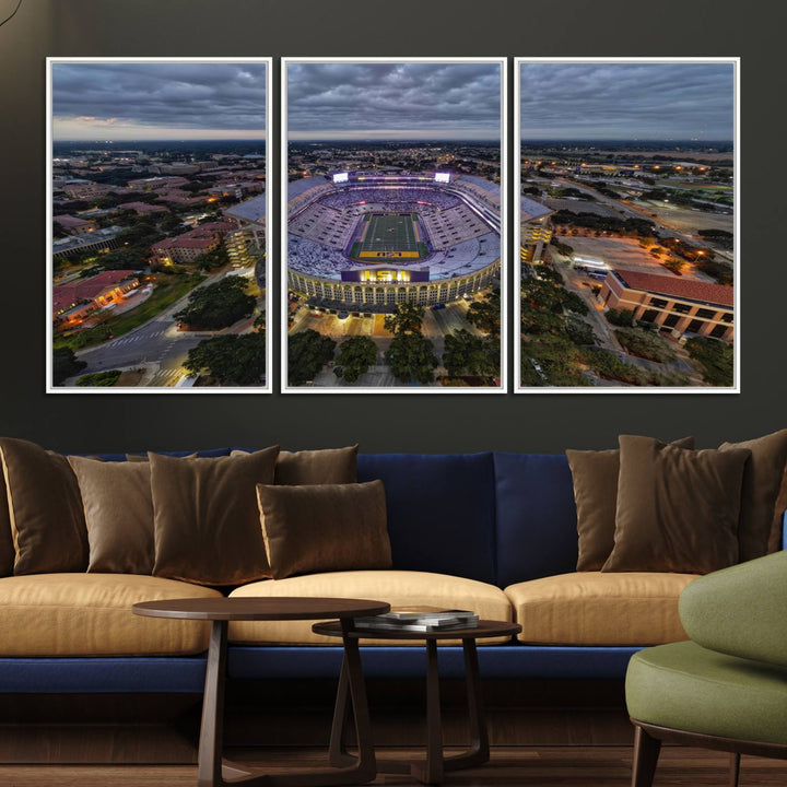 The LSU Tigers Football Team Baton Rouge Tiger Stadium Canvas is displayed prominently, capturing attention with its vivid depiction of the iconic stadium.