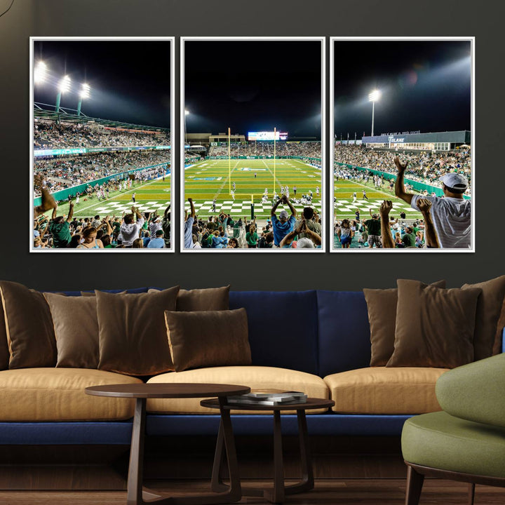 This vibrant wall art canvas print captures the excitement of fans cheering for the Tulane Green Wave Football Team under the lights of Yulman Stadium.