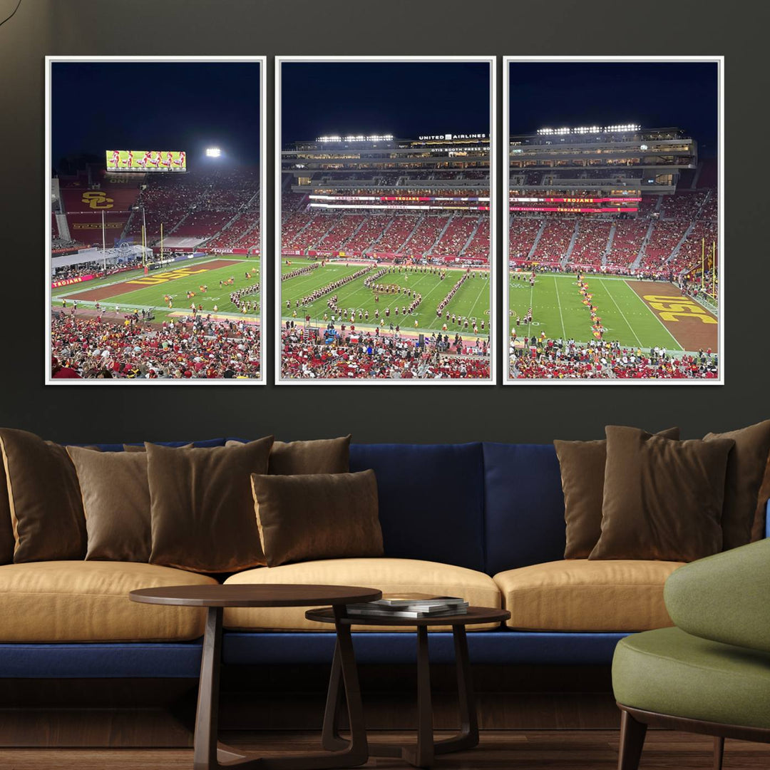 Canvas print depicting a packed stadium at night with a marching band forming USC, celebrating the Trojans at Los Angeles Memorial Coliseum.