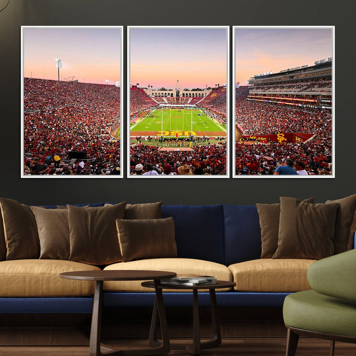 A USC Trojans wall art canvas print highlights the scene, depicting the Coliseum Stadium at sunset.